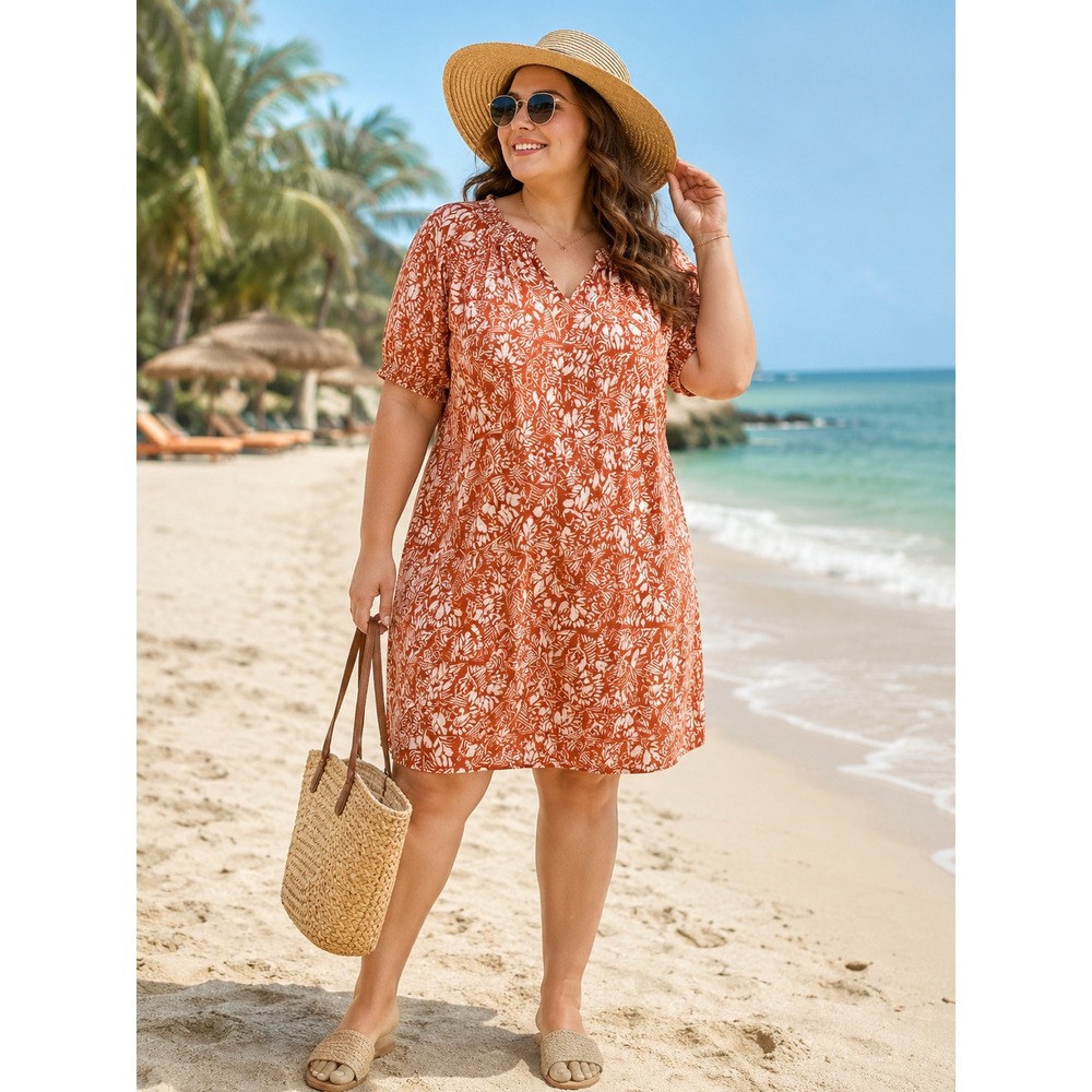 Garnet Hill Amelia Linen Botanical Print Shift Dress Rust Orange V-Neck Size 16